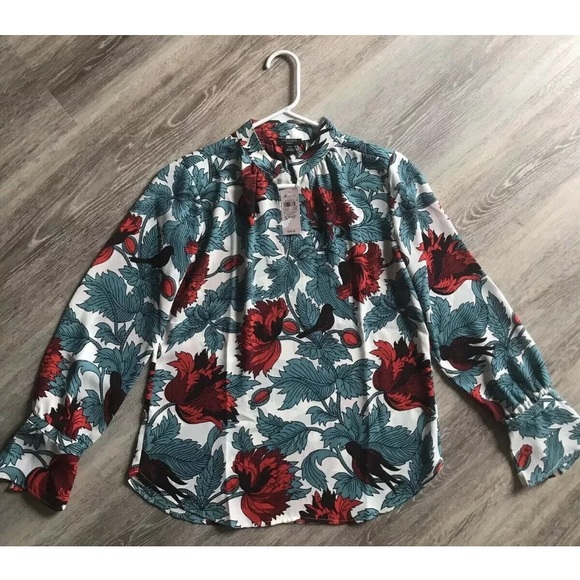 NEW ANN TAYLOR Teal Red Floral Bird Blouse XXSP - Picture 1 of 5